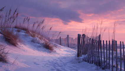 Serene Beach Path at Dusk - A Coastal Landscape with Fences and Sand Dunes.