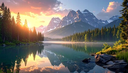 Scenic lake reflects mountains, forests under a vibrant sunrise