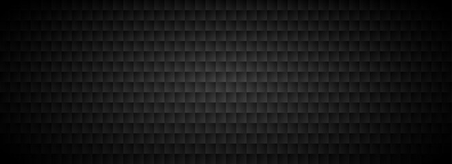 Obraz premium Black tech geometric background. Abstract square tile pattern texture. Dark volume cube cover backdrop. Futuristic block grid decoration design wallpaper. Vector illustration concept