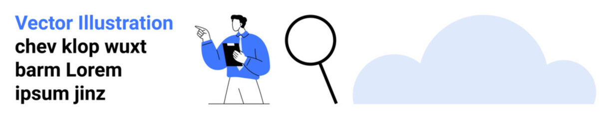 Business analysis, data search, teamwork, collaboration, cloud computing, research. Man holding clipboard pointing, magnifying glass and cloud icon. Business analysis and data search concept