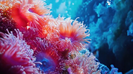 Vibrant coral reef scene with colorful sea anemones.