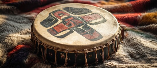 Hand drum with native design on fur.