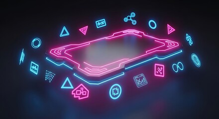 Futuristic glowing smartphone with neon icons representing technology and digital communication in a dark space