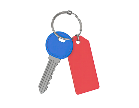 Metal key with attached tag featuring clean shape and practical design suitable for labeling, organizing, or securing items isolated on white background