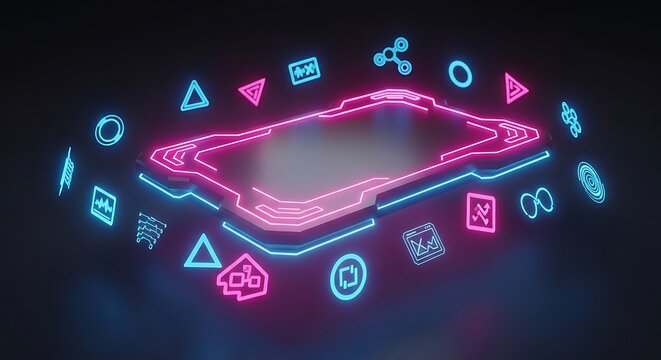 Futuristic glowing smartphone with neon icons representing technology and digital communication in a dark space