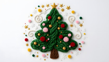 Crafty Christmas tree made of yarn with colorful decorations  