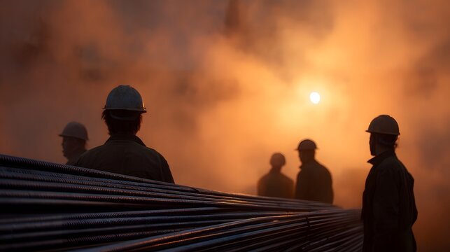 Silhouetted workers in hard hats stand near bundled rebar during a misty sunrise or sunset
