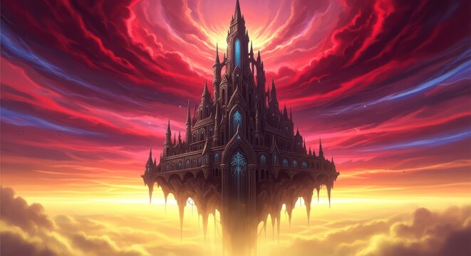 Mystical citadel soaring above the clouds illuminated by a vibrant sunset creating a magical - Powered by Adobe