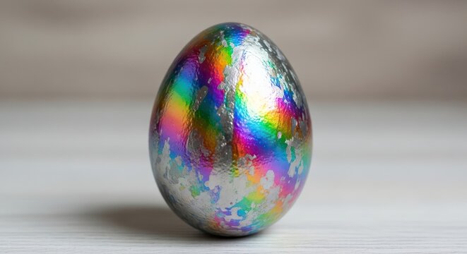 Iridescent Easter egg showcasing a spectrum of vivid colors and a silver-leaf effect surface