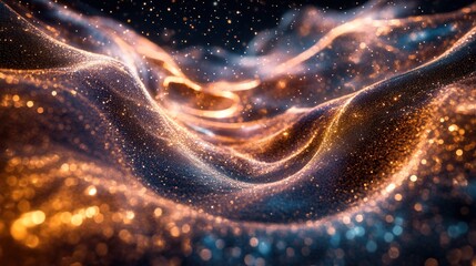 Abstract glowing particles wave, dark background.