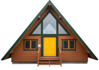 A frame cabin with bright yellow double doors and large triangular windows isolated on a transparent background