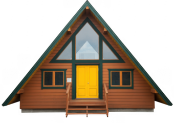 A frame cabin with bright yellow double doors and large triangular windows isolated on a transparent background