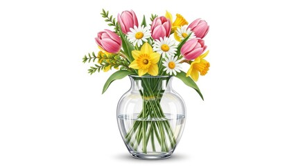 Elegant spring bouquet of tulips and daffodils in clear vase brings fresh floral beauty for Easter celebrations and springtime designs, radiating joy and warmth