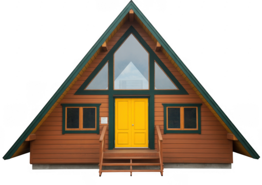 A frame cabin with bright yellow double doors and large triangular windows isolated on a transparent background