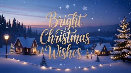 A magical winter night scene with cozy cabins and bright christmas wishes text overlay