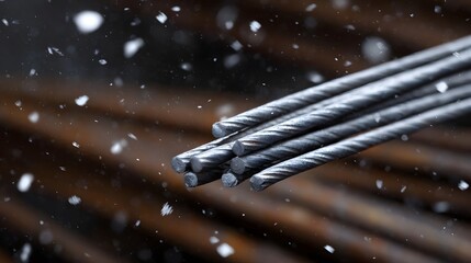 Close up of bundled metal rods in falling snow with a blurred industrial background