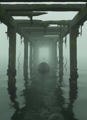 Fototapeta premium Eerie monster rising from the misty depths under an old decaying pier now