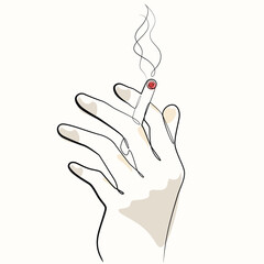 hand holding cigarette one line drawing. hand holding cigarette single line illustration. hand holding cigarette minimalist line art