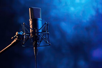 A black microphone with a silver grill and a pop filter is placed on a stand against a blue background with a gradient of purple and blue hues.