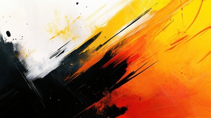 Abstract art with black, white, orange, and yellow brush strokes.