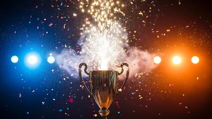 Golden trophy with celebratory fireworks and bright spotlights, symbolizing victory and achievement in a sports competition or award ceremony