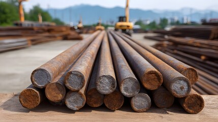 A pile of rusty metal rebar rods lies on a wooden surface at an outdoor construction site with heavy hinery in the background