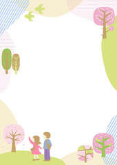 春の桜の風景の中を散歩する男性と女性のフレーム