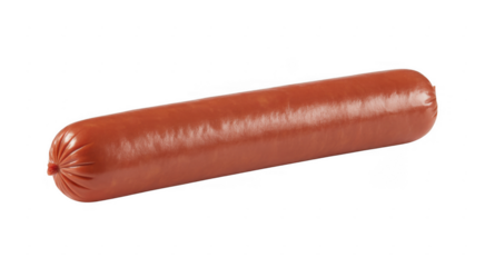 A single uncooked sausage with a reddish brown casing and crimped end isolated on a transparent background