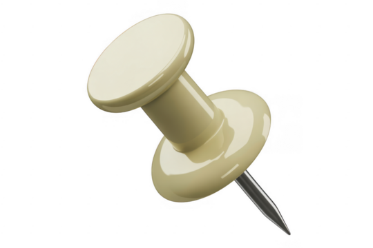 A single pale yellow thumbtack with a sharp metal point angled on a black background isolated on a transparent background