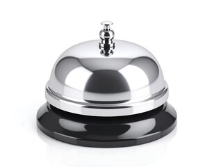A shiny, chrome-like bell sits on a glossy black base against a white backdrop. It has a rounded top and small handle