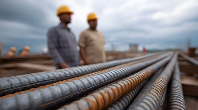 Construction workers in yellow helmets stand near piles of rusty steel rebar under a stormy sky