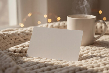 Obraz premium Blank card on knitted blanket with steaming mug and warm lights