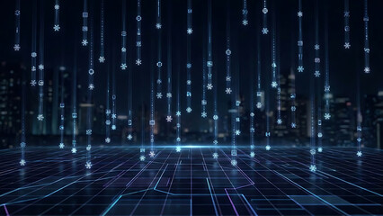 Digital snowflakes and icons falling over a blue grid with a city skyline in the background