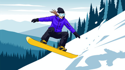 Snowboarder carving down a snowy mountain slope with pine trees