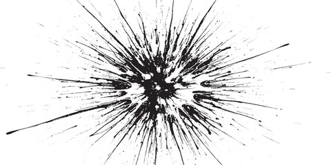 Fototapeta premium Abstract black ink splatter exploding outwards on a white background.