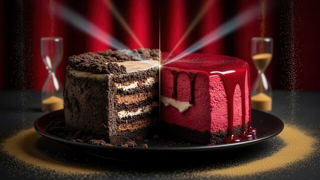 A captivating splitscreen showcasing a decadent chocolate cake and a luscious red velvet cake, each adorned with its unique charm, set against a backdrop of hourglasses and shimmering dust
