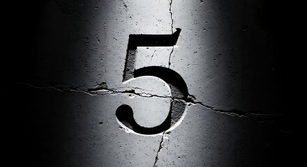 Close up of a cracked number five painted on a weathered surface in monochrome