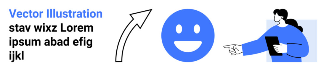 Communication, digital education, feedback, teamwork, online learning, motivation. Blue icon with happy face, woman with tablet arrow pointing. Communication and feedback