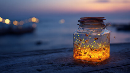 Glowing jar on a wooden surface at dusk.