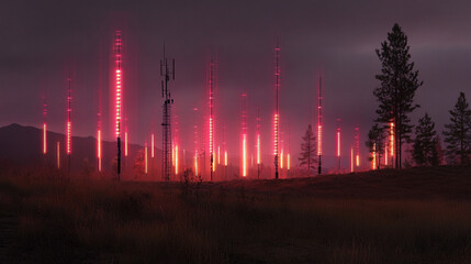 A modern high antenna rises against the sky as evolving signal waves radiate outward, symbolizing wireless communication, connectivity, and advanced digital transmission technology.
