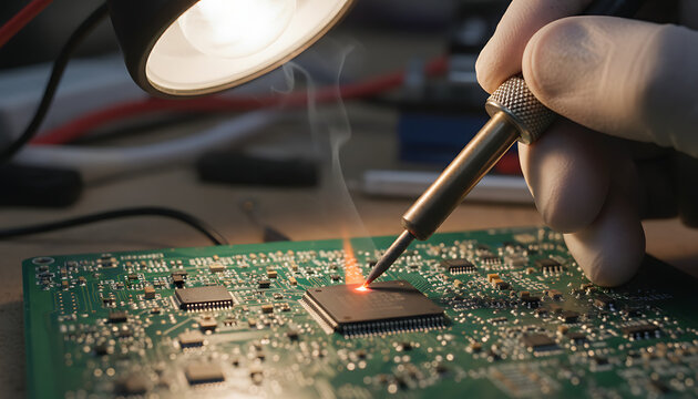 Expertly soldering computer circuit board component under bright focused light