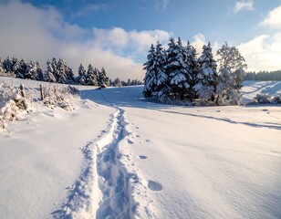 Obraz premium Snowy landscape with a path, trees, and bright blue sky