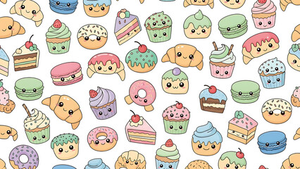 Seamless pattern with cute cartoon pastries like cupcakes croissants macarons and donuts on white background