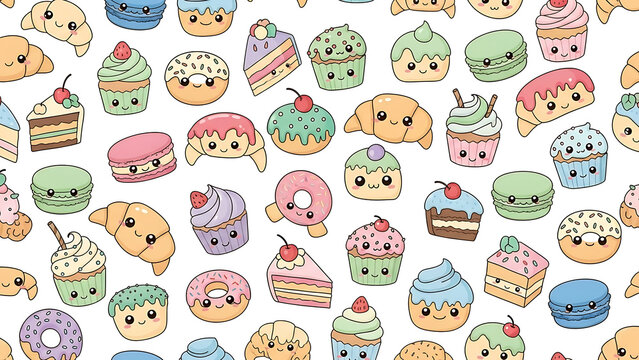 Seamless pattern with cute cartoon pastries like cupcakes croissants macarons and donuts on white background - Powered by Adobe
