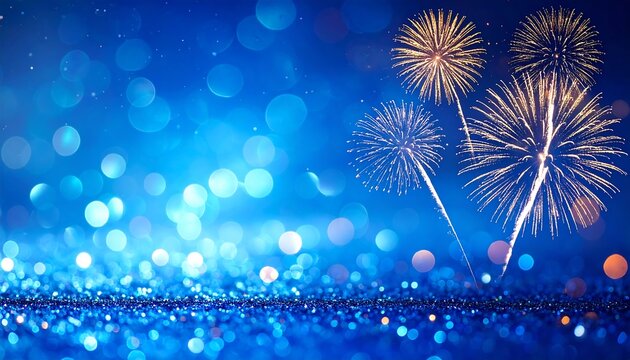 Radiant fireworks illuminate a glittering blue night, celebrating joy and wonder with sparkling light effects
