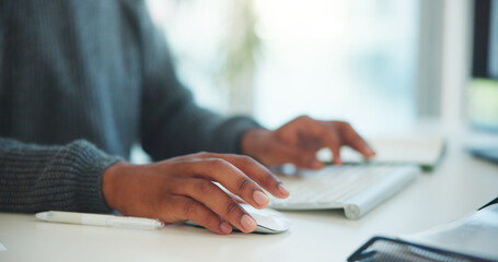 Hands, mouse and businessperson with keyboard in office for typing with finance report for budget....