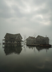 Fototapeta premium Flooded vintage homes create a hauntingly beautiful and eerie waterscape scene