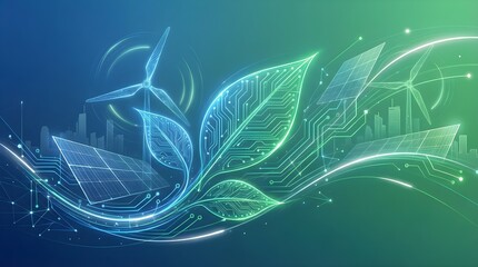 Futuristic Green Technology Background with Renewable Energy and Eco Digital Network
