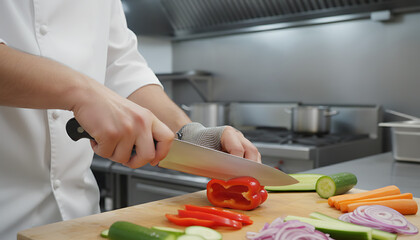 Chef slicing fresh red pepper with knife in a modern restaurant kitchen setting