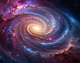 Spiraling cosmic galaxy, swirling clouds with twinkling celestial stars